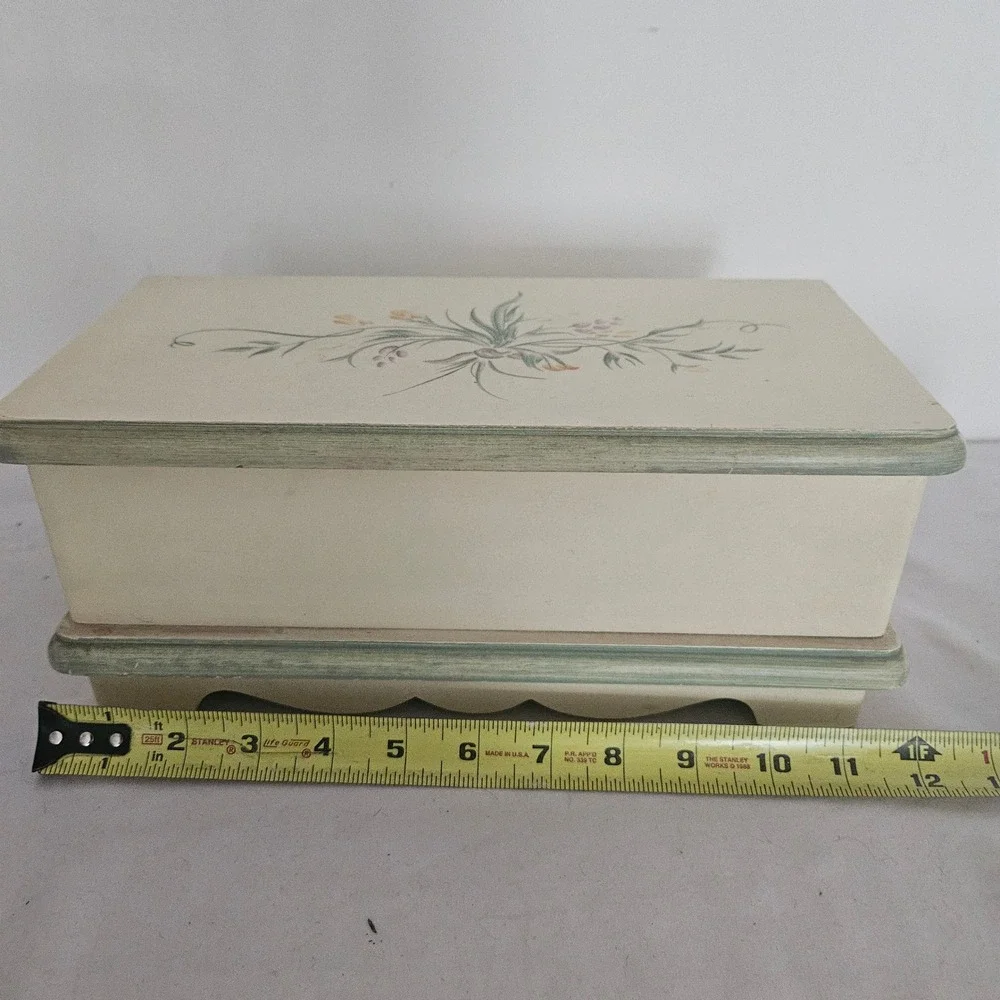 Vintage Floral Wood Jewelry Box Cream Green Hand Painted Mirror Removable Tray